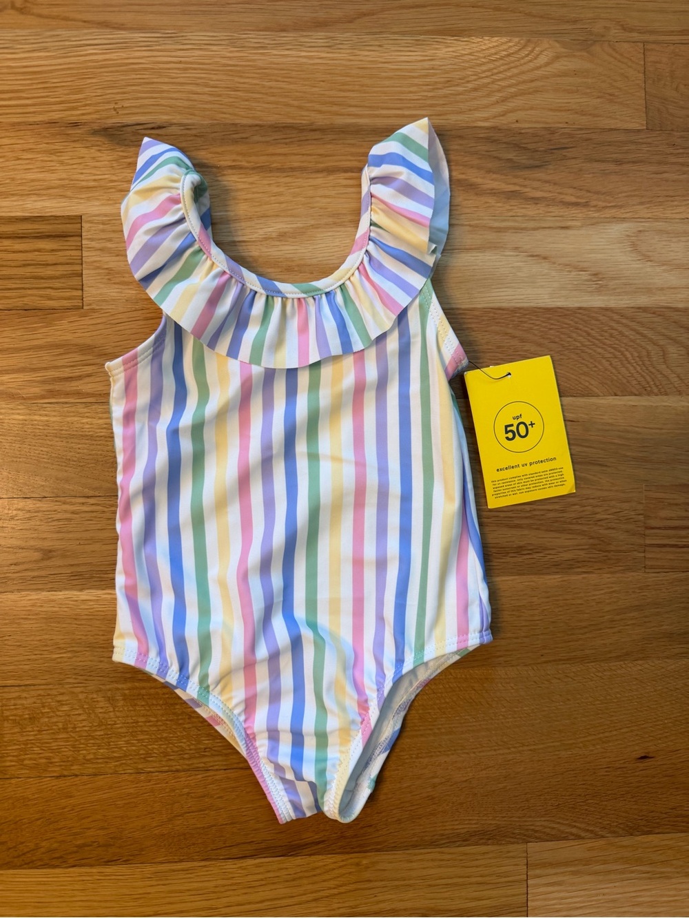 GAP Girls Pastel Rainbow Stripe One-Piece Swimsuit with Ruffle Neck